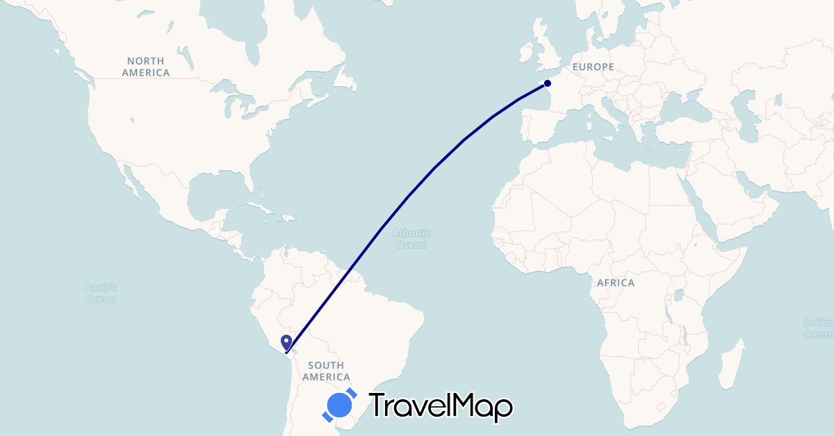 TravelMap itinerary: driving in France, Peru (Europe, South America)
